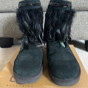 Ugg - Like New - Black Peacock Feather and Swarovski Crystal boots
